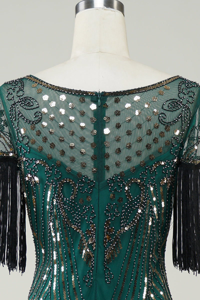 Laden Sie das Bild in den Galerie-Viewer, Dunkelgrünes Pailletten Flapper Kleid aus den 1920er Jahren mit Fransen