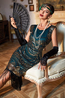 Laden Sie das Bild in den Galerie-Viewer, Perlenbesetztes dunkelgrünes Flapper-Kleid aus den 1920er Jahren