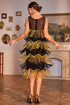 Goldenes Fransen Flapper Charleston Kleid mit Pailletten