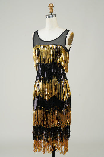 Goldenes Fransen Flapper Kleid mit Pailletten