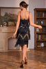 Laden Sie das Bild in den Galerie-Viewer, Spaghettiträger Schwarze Pailletten 1920er Jahre Kleid mit Fransen