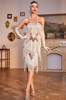 Laden Sie das Bild in den Galerie-Viewer, Spaghettiträger Champagner Pailletten 1920er Jahre Kleid mit Fransen