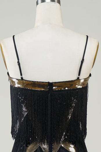 Schwarzes Spaghettiträger Paillettenkleid aus den 1920er Jahren mit Fransen