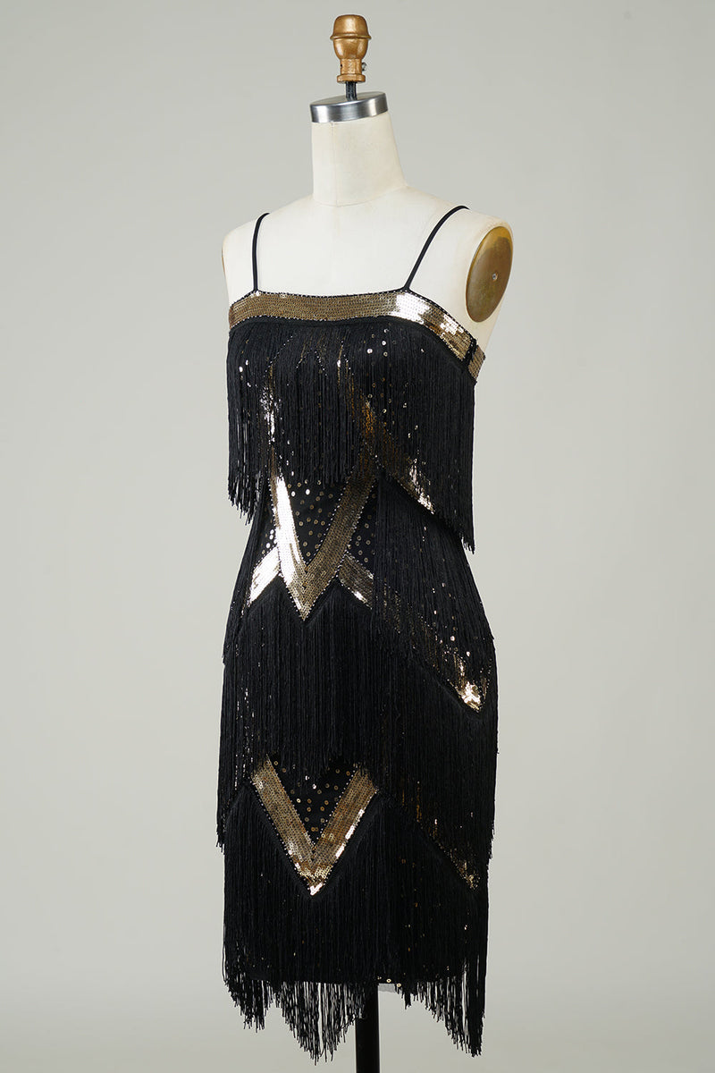 Laden Sie das Bild in den Galerie-Viewer, Schwarzes Spaghettiträger Paillettenkleid aus den 1920er Jahren mit Fransen
