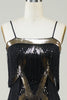 Laden Sie das Bild in den Galerie-Viewer, Schwarzes Spaghettiträger Paillettenkleid aus den 1920er Jahren mit Fransen
