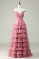Laden Sie das Bild in den Galerie-Viewer, A Line Spaghettiträger geschichtetes rosa Tüll Ballkleid mit Blumendruck