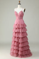 Laden Sie das Bild in den Galerie-Viewer, A Line Spaghettiträger geschichtetes rosa Tüll Ballkleid mit Blumendruck