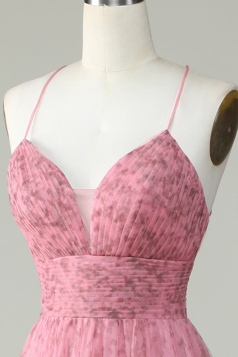 Laden Sie das Bild in den Galerie-Viewer, A Line Spaghettiträger geschichtetes rosa Tüll Ballkleid mit Blumendruck