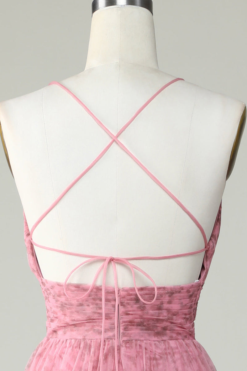 Laden Sie das Bild in den Galerie-Viewer, A Line Spaghettiträger geschichtetes rosa Tüll Ballkleid mit Blumendruck