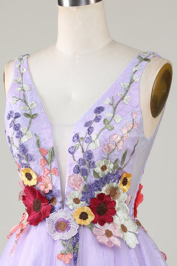 Lila Tiefer V-Ausschnitt Cocktailkleid mit offenem Rücken und 3D-Blumen