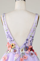 Laden Sie das Bild in den Galerie-Viewer, Lila Tiefer V-Ausschnitt Cocktailkleid mit offenem Rücken und 3D-Blumen