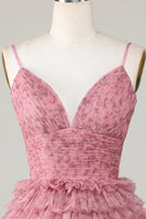 Laden Sie das Bild in den Galerie-Viewer, A Linie Spaghetti-Träger Blush Cocktailkleid mit Rüschen