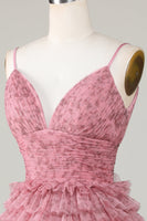 Laden Sie das Bild in den Galerie-Viewer, A Linie Spaghetti-Träger Blush Cocktailkleid mit Rüschen