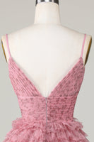 Laden Sie das Bild in den Galerie-Viewer, A Linie Spaghetti-Träger Blush Cocktailkleid mit Rüschen