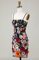 Laden Sie das Bild in den Galerie-Viewer, Bodycon Spaghettiträger Schwarzes Abiballkleid mit 3D-Blumen