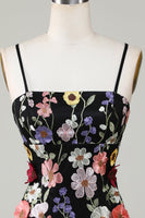 Laden Sie das Bild in den Galerie-Viewer, Bodycon Spaghettiträger Schwarzes Abiballkleid mit 3D-Blumen
