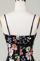Laden Sie das Bild in den Galerie-Viewer, Bodycon Spaghettiträger Schwarzes Abiballkleid mit 3D-Blumen