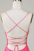 Laden Sie das Bild in den Galerie-Viewer, Glitzerndes fuchsia perlenbesetztes kurzes Abiballkleid