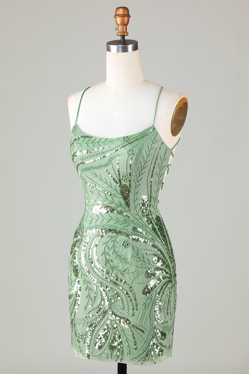 Laden Sie das Bild in den Galerie-Viewer, Glitzerndes Spaghettiträger Grünes kurzes Abiballkleid mit Schnürung