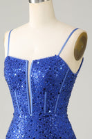 Laden Sie das Bild in den Galerie-Viewer, Königsblaues Bodycon Glitzerndes Spaghettiträger Abschlussballkleid
