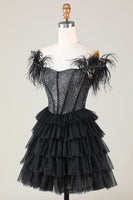 Laden Sie das Bild in den Galerie-Viewer, Glitzerndes Perlen korsett A-Linie Schwarzes kurzes Cocktailkleid mit Federn