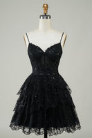 Laden Sie das Bild in den Galerie-Viewer, A-Linie Spaghettiträger Schwarzes glitzerndes Korsett Abiballkleid