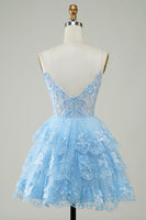 Laden Sie das Bild in den Galerie-Viewer, Wunderschönes A-Linie Spaghettiträger Dunkelblaues funkelndes Korsett Cocktailkleid