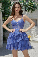 Laden Sie das Bild in den Galerie-Viewer, Wunderschönes A-Linie Spaghettiträger Dunkelblaues funkelndes Korsett Cocktailkleid