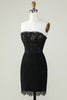 Laden Sie das Bild in den Galerie-Viewer, Trägerloses schwarzes Abiballkleid mit Perlenstickerei