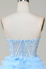Laden Sie das Bild in den Galerie-Viewer, A-Linie Herzausschnitt Blaues Korsett Kurzes Cocktailkleid mit Rüschen