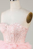 Laden Sie das Bild in den Galerie-Viewer, Trendiges A-Linie Herzausschnitt Rosa Kurzes Abiballkleid mit Rüschen