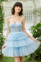 Laden Sie das Bild in den Galerie-Viewer, Trendiges A-Linie Herzausschnitt Rosa Kurzes Abiballkleid mit Rüschen