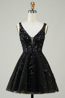 Laden Sie das Bild in den Galerie-Viewer, Funkelndes orange A-Linie Glitzer Cocktailkleid mit Pailletten