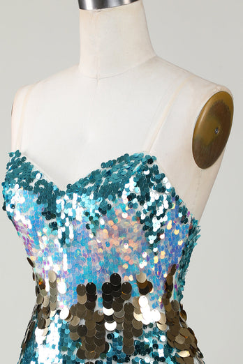 Glitzerndes blaues Pailletten Enges kurzes Abiballkleid