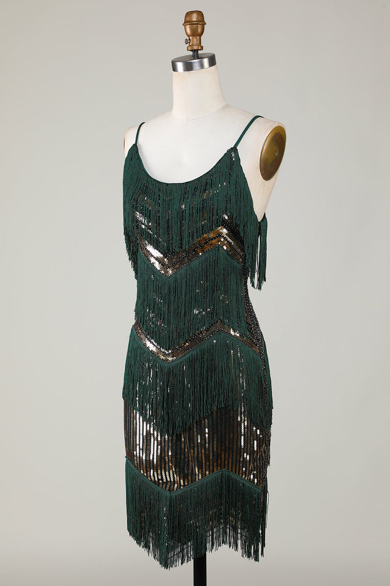Laden Sie das Bild in den Galerie-Viewer, Spaghettiträger Dunkelgrünes Glitzerkleid aus den 1920er Jahren mit Fransen