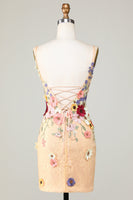 Laden Sie das Bild in den Galerie-Viewer, Bodycon Champagner Kurzes Abiballkleid mit tiefem V-Ausschnitt und Applikationen