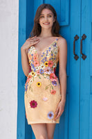 Laden Sie das Bild in den Galerie-Viewer, Champagner kurzes Cocktailkleid mit V-Ausschnitt