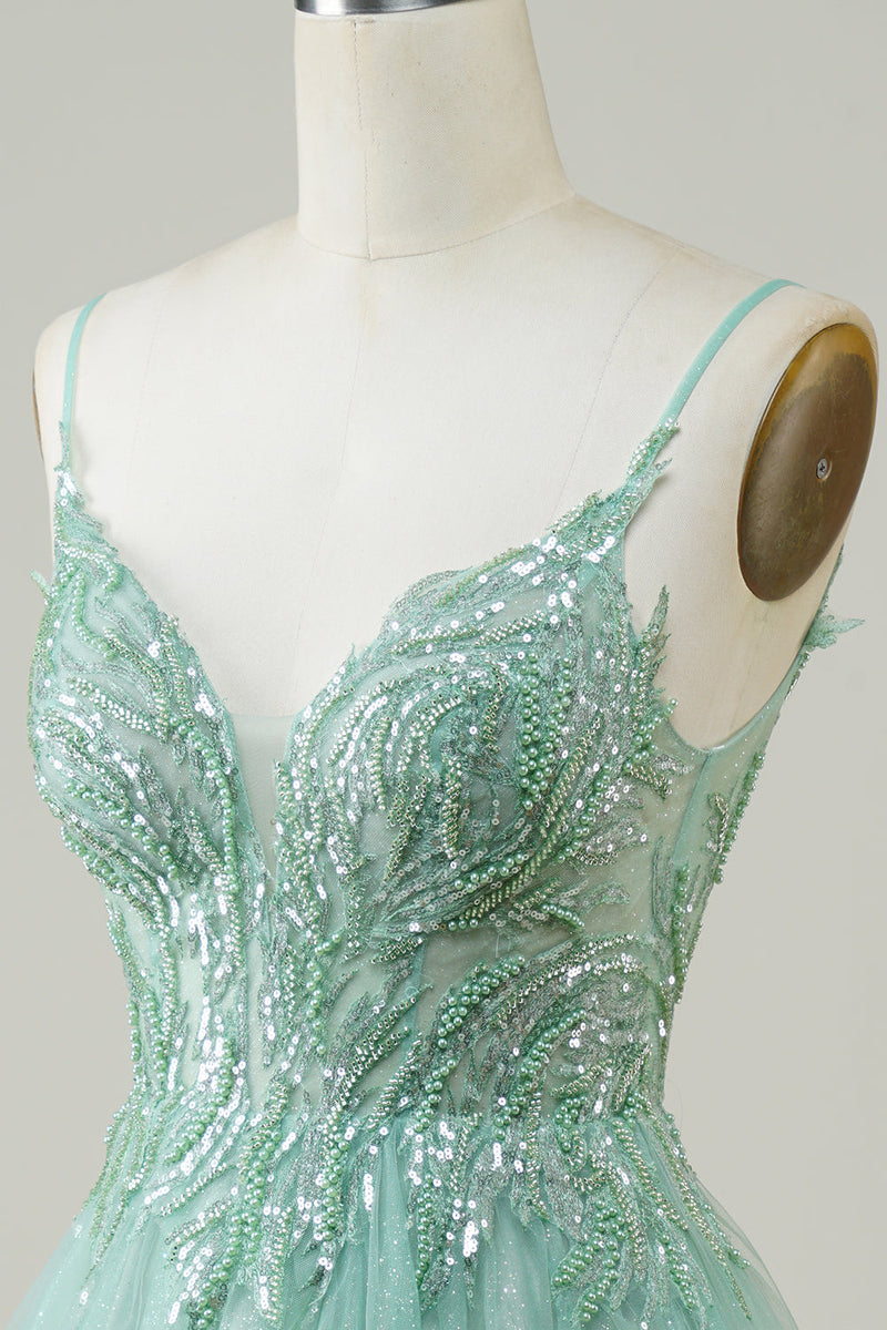 Laden Sie das Bild in den Galerie-Viewer, Grünes Niedliches Cocktailkleid in A-Linie mit Perlen