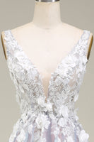 Laden Sie das Bild in den Galerie-Viewer, A-Linie V-Ausschnitt Langes Ballkleid mit Applikationen Grau Rosa