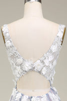 Laden Sie das Bild in den Galerie-Viewer, A-Linie V-Ausschnitt Langes Ballkleid mit Applikationen Grau Rosa