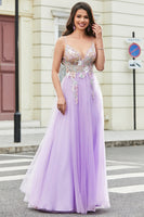 Laden Sie das Bild in den Galerie-Viewer, Langes A-Linie Spaghettiträger Lila Kleid Ballkleid mit Applikationen