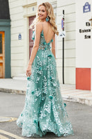 Laden Sie das Bild in den Galerie-Viewer, Grünes Spaghettiträger Ballkleid in A-Linie mit Applikationen