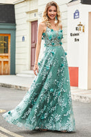 Laden Sie das Bild in den Galerie-Viewer, Grünes Spaghettiträger Ballkleid in A-Linie mit Applikationen