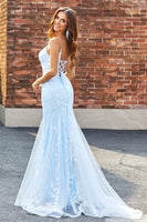 Laden Sie das Bild in den Galerie-Viewer, Hellblaues glitzerndes perlenbesetztes Meerjungfrauen langes Ballkleid