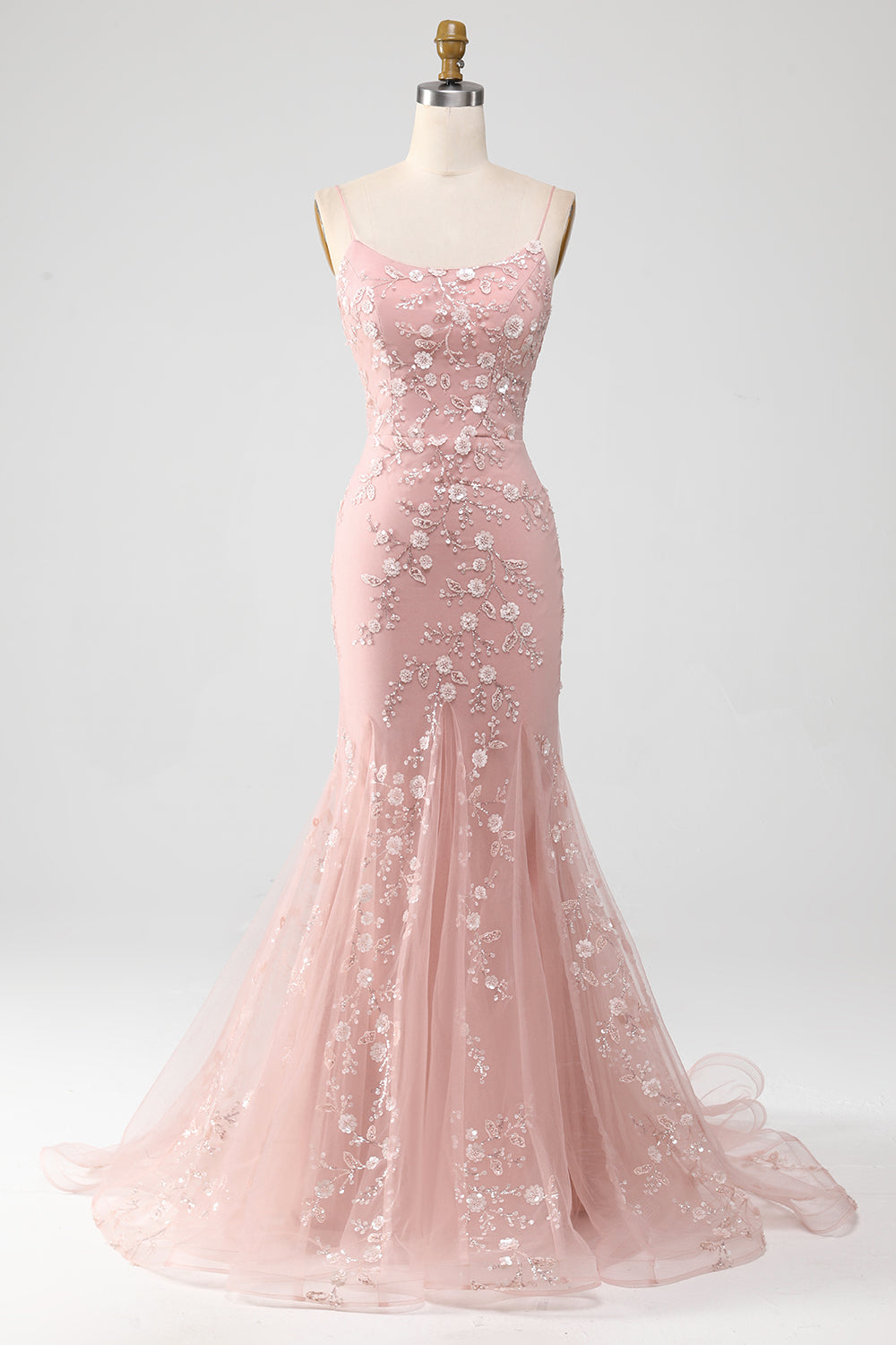 Mermaid Blush Spaghettiträger Ballkleid mit Applikationen