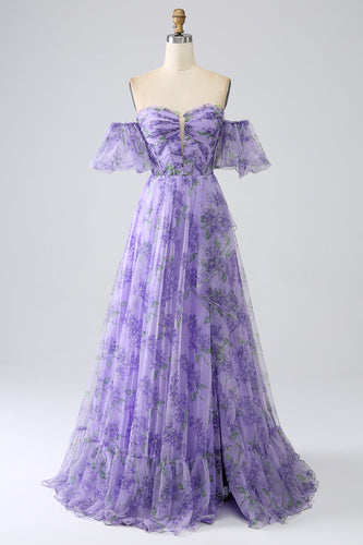 Bedrucktes schulterfreies Lavendel Ballkleid in A-Linie mit abnehmbaren Ärmeln