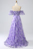 Laden Sie das Bild in den Galerie-Viewer, Bedrucktes schulterfreies Lavendel Ballkleid in A-Linie mit abnehmbaren Ärmeln
