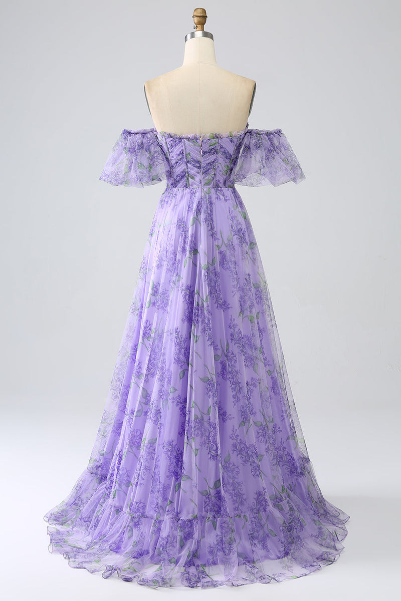 Laden Sie das Bild in den Galerie-Viewer, Bedrucktes schulterfreies Lavendel Ballkleid in A-Linie mit abnehmbaren Ärmeln