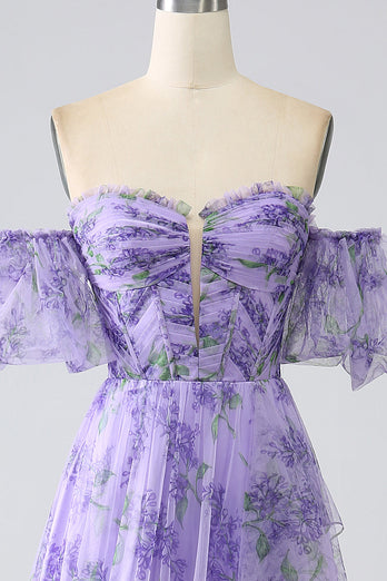 Bedrucktes schulterfreies Lavendel Ballkleid in A-Linie mit abnehmbaren Ärmeln