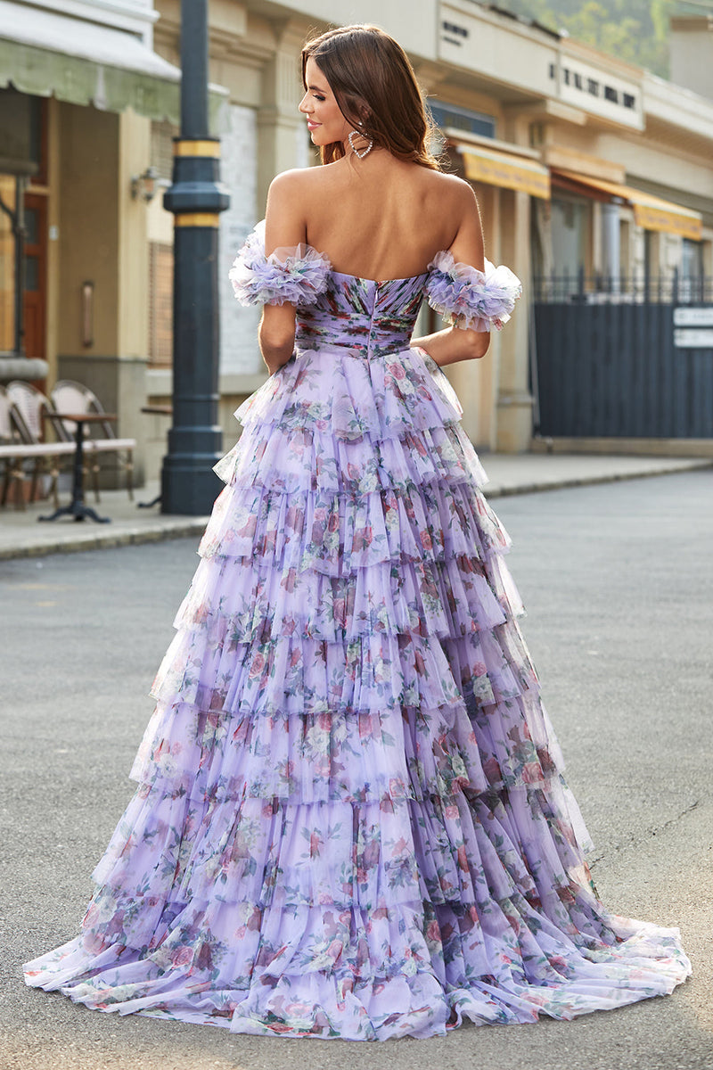 Laden Sie das Bild in den Galerie-Viewer, Wunderschönes schulterfreies langes Lavendel Ballkleid mit Drucken und Rüschen